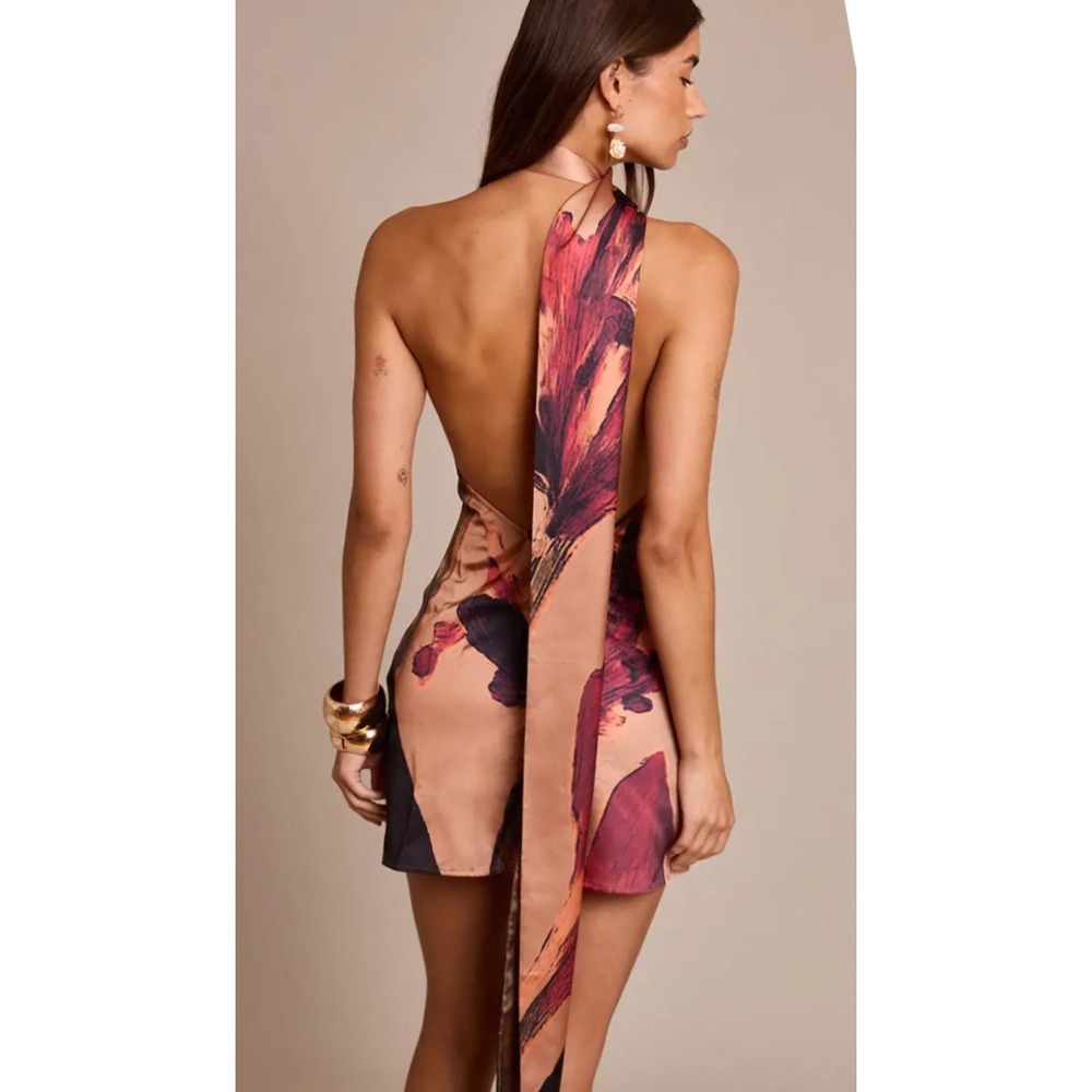 PrettyLittleThing Satin Mini Dress Womens 0 Burnt Orange Floral Halter Backless